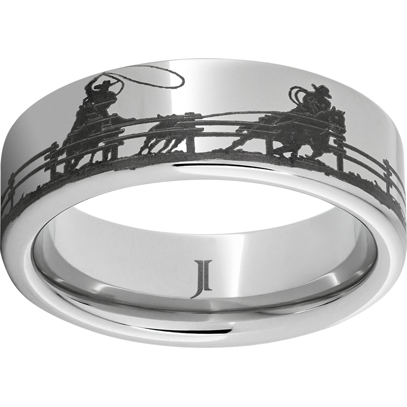 Serinium® Flat Band with Cowboy Roping Steer Laser Engraving Lennon's W.B. Wilcox Jewelers New Hartford, NY