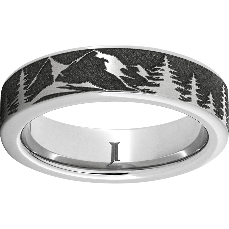 Serinium® Flat Band with Mountain Pine Scene Laser Engraving Jerald Jewelers Latrobe, PA