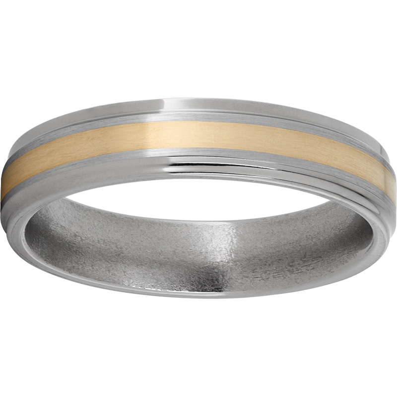 Titanium Flat Band with Grooved Edges, a 2mm 14K Yellow Gold Inlay and Satin Finish John E. Koller Jewelry Designs Owasso, OK