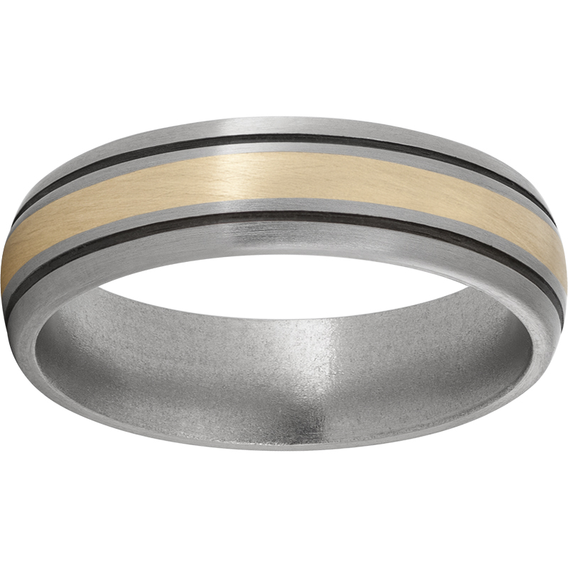 Titanium Domed Band with a 2mm 14K Yellow Gold Inlay, Two .5mm grooves with Antiquing, and Satin Finish Selman's Jewelers-Gemologist McComb, MS