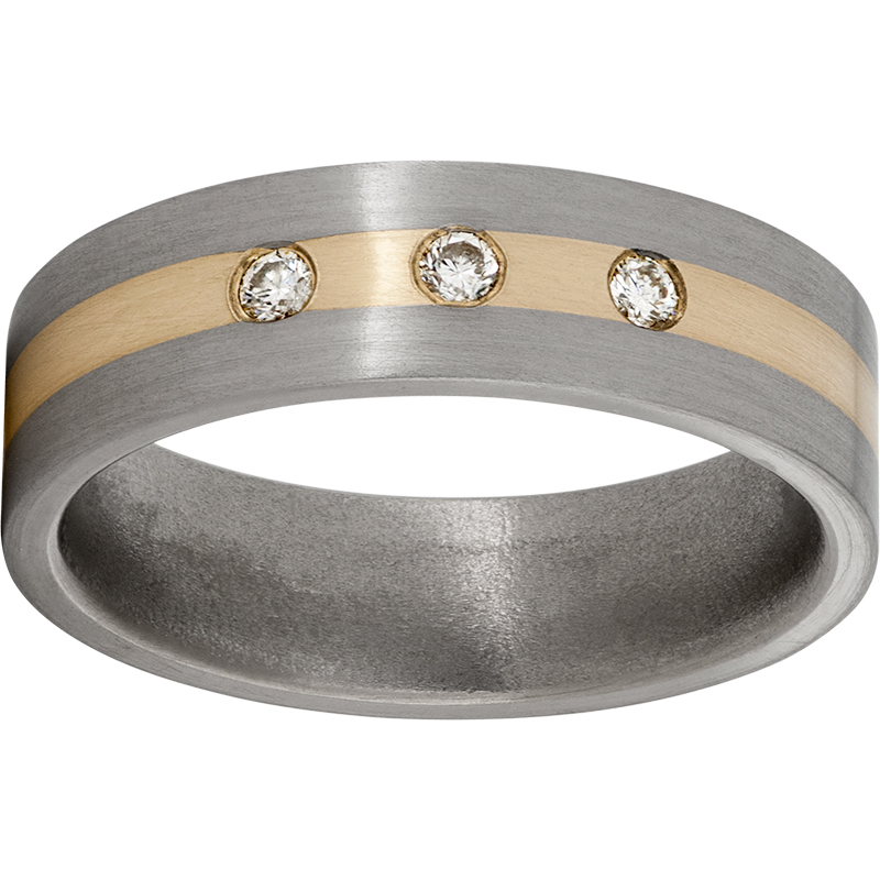 Titanium Flat Band with a 2mm 14K Yellow Gold Inlay, Three 3-point Diamonds, and Satin Finish Ritzi Jewelers Brookville, IN