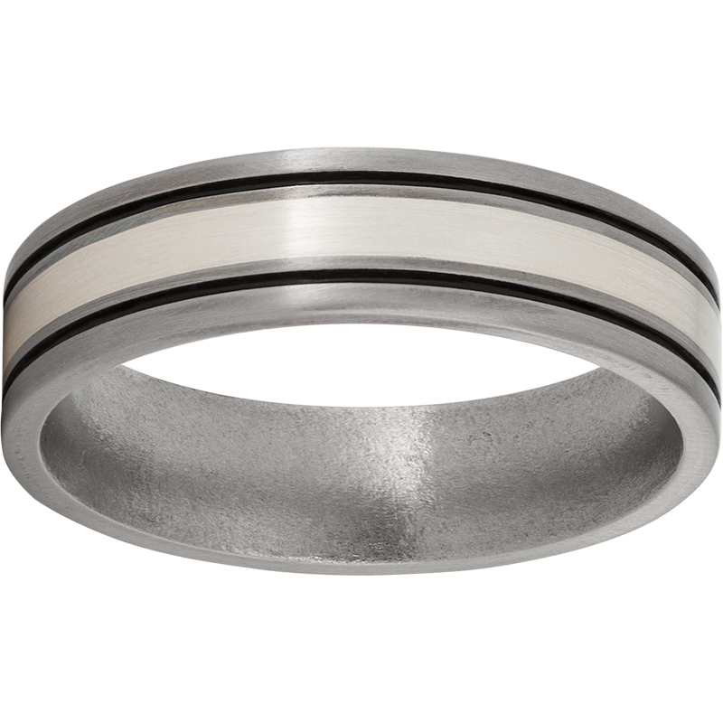 Titanium Flat Band with a 2mm Sterling Silver Inlay, Two .5mm Grooves with antiquing, and Satin Finish Lennon's W.B. Wilcox Jewelers New Hartford, NY
