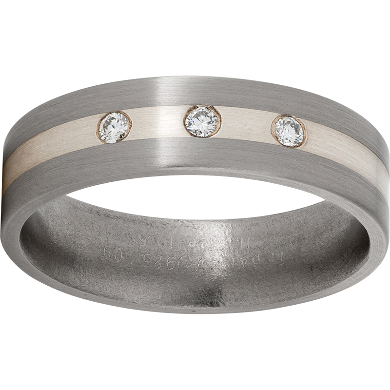 Titanium Flat Band with a 2mm Sterling Silver Inlay, Three 3-point Diamonds, and Satin Finish Michele & Company Fine Jewelers Lapeer, MI