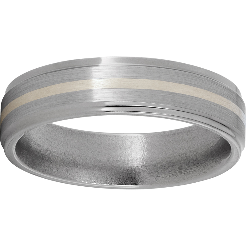 Titanium Flat Band with Grooved Edges, 1mm Sterling Silver Inlay and Satin Finish Jerald Jewelers Latrobe, PA