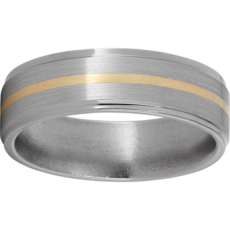 Titanium Flat Band with Grooved Edges, 1mm 14K Yellow Gold Inlay and Satin Finish Selman's Jewelers-Gemologist McComb, MS