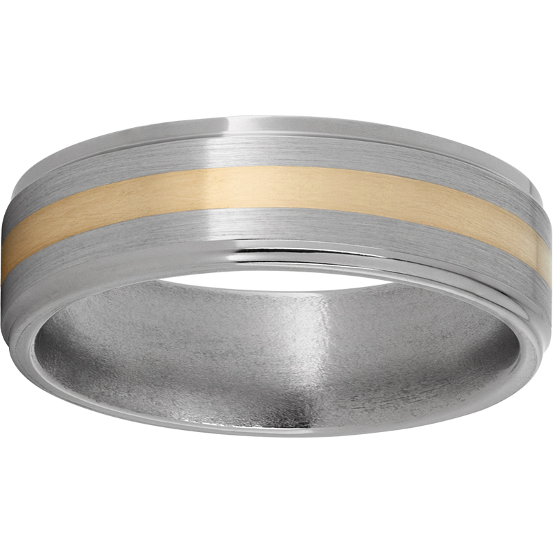 Titanium Flat Band with Grooved Edges, 2mm 14K Yellow Gold Inlay and Satin Finish Lennon's W.B. Wilcox Jewelers New Hartford, NY