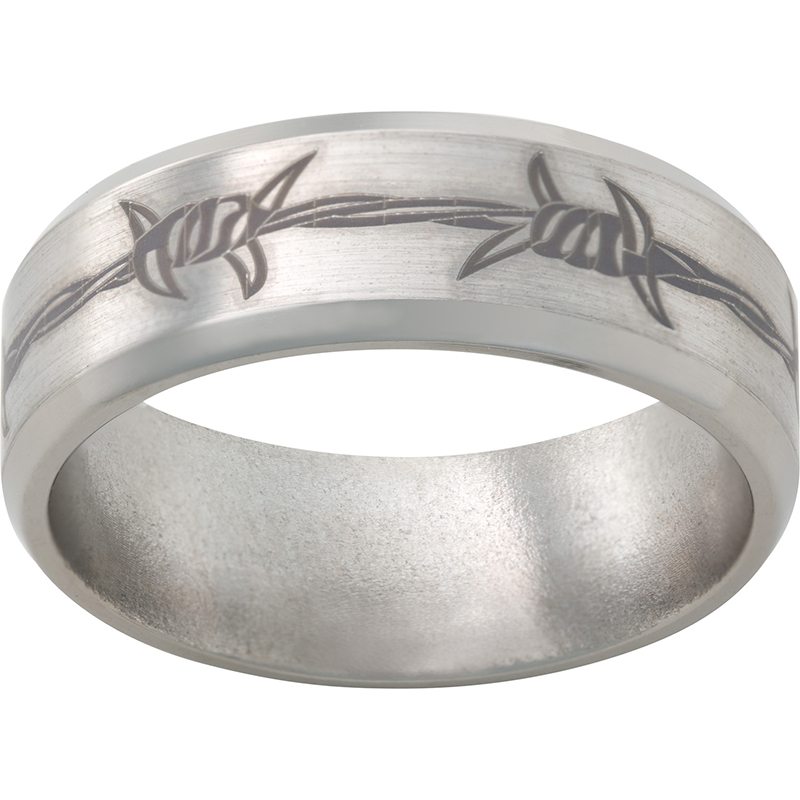 Titanium Beveled Edge Band with Barbwire Laser Engraving Lennon's W.B. Wilcox Jewelers New Hartford, NY