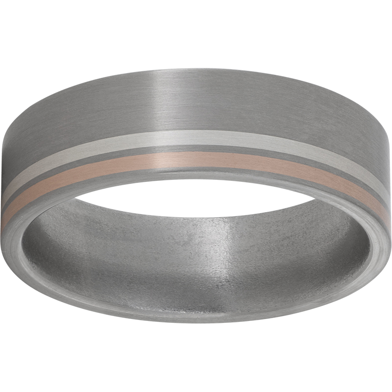 Titanium Flat Band with Off-Center Rose Gold and Sterling Silver Inlays and Satin Finish Lennon's W.B. Wilcox Jewelers New Hartford, NY