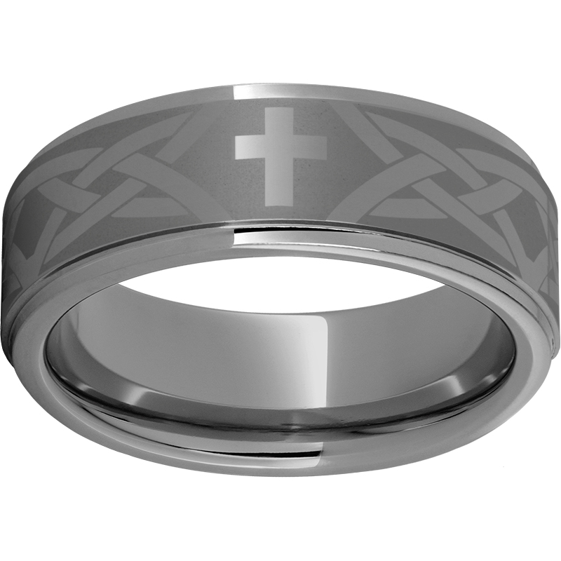 Rugged Tungsten™ 8mm Flat Grooved Edge Band with Cross Knot Laser Engraving Mitchell's Jewelry Norman, OK