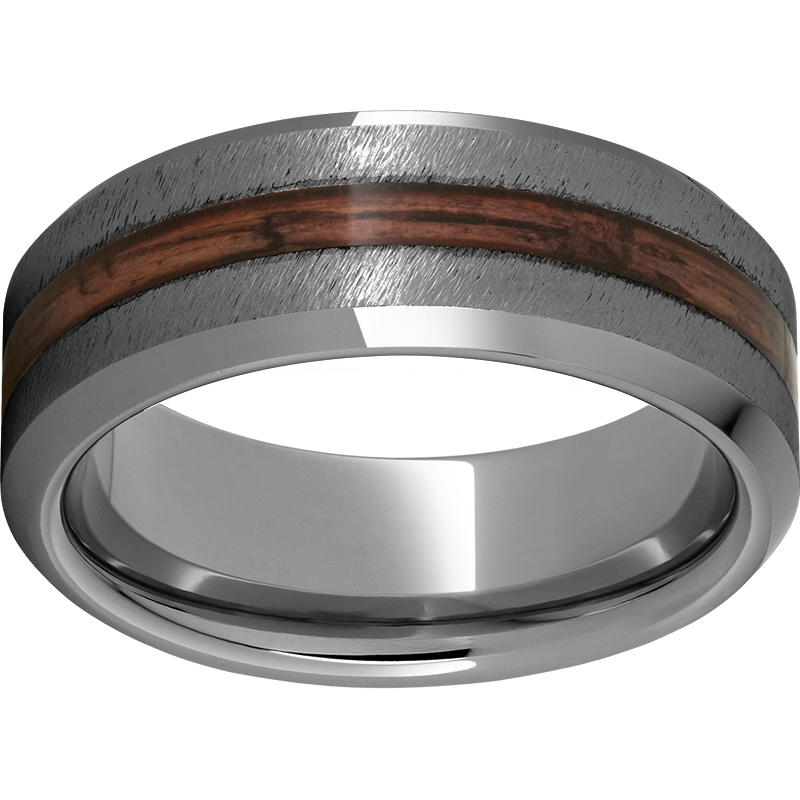 Rugged Tungsten™ 8mm Beveled Edge Band with Cabernet Barrel Aged™ Inlay and Grain Finish Lennon's W.B. Wilcox Jewelers New Hartford, NY