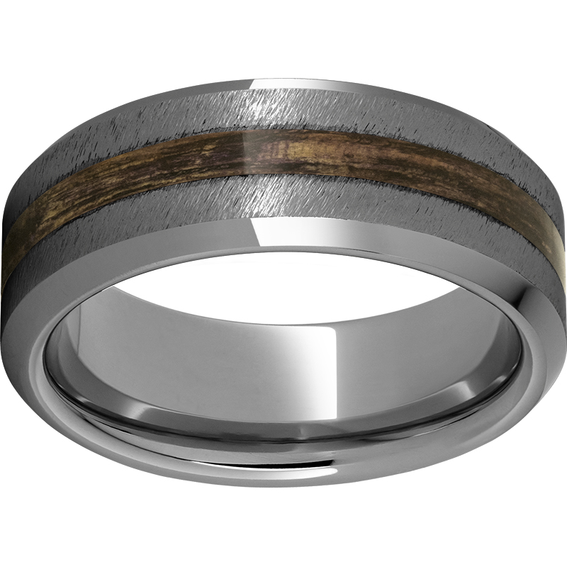 Rugged Tungsten™ 8mm Beveled Edge Band with Bourbon Barrel Aged™ Inlay and Grain Finish Lennon's W.B. Wilcox Jewelers New Hartford, NY