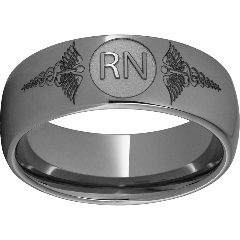 Rugged Tungsten™ Domed Band with Laser Engraving of Caduceus & Registered Nurse Initials  John E. Koller Jewelry Designs Owasso, OK