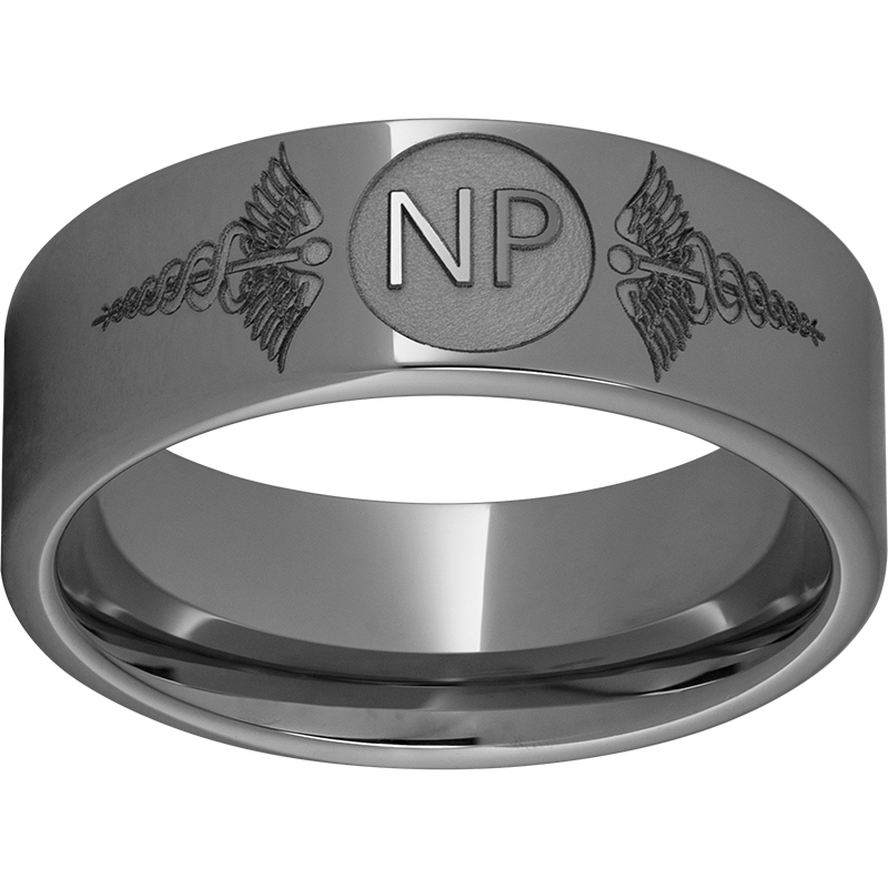 Rugged Tungsten™ Pipe Cut Band with Laser Engraving of Caduceus & Nurse Practitioner Initials  K. Martin Jeweler Dodge City, KS
