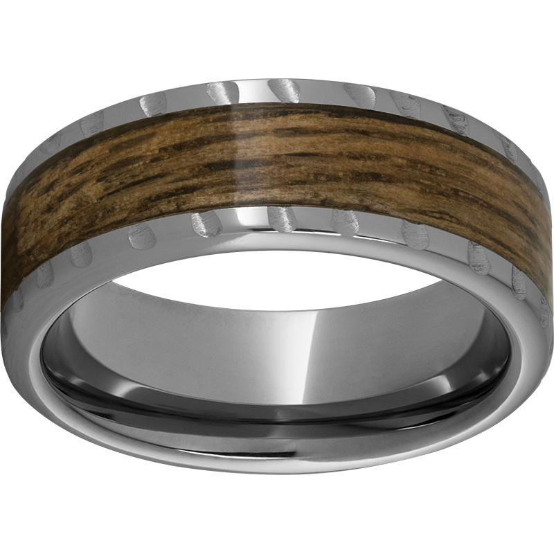 Rugged Tungsten™ 8mm Pipe Cut Band with Bourbon Barrel Aged™ Inlay and Scored Edge Michele & Company Fine Jewelers Lapeer, MI