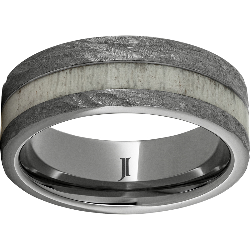 Rugged Tungsten™ 8mm Flat Band with 3mm Off-Center Antler Inlay and Bark Finish Lennon's W.B. Wilcox Jewelers New Hartford, NY
