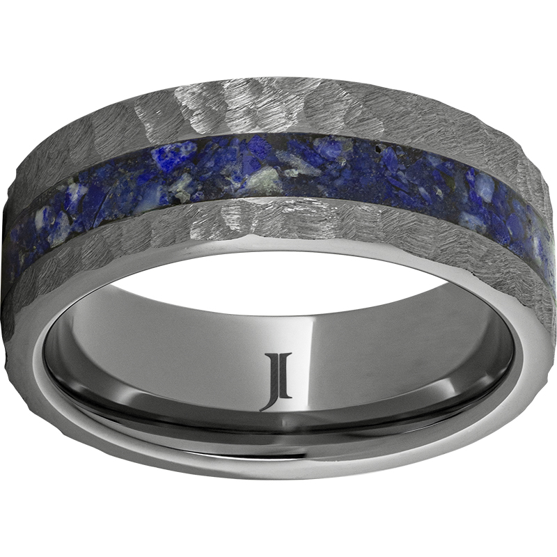 Rugged Tungsten™ 8mm Flat Band with 3mm Off-Center Lapis Inlay and Moon Finish Lake Oswego Jewelers Lake Oswego, OR