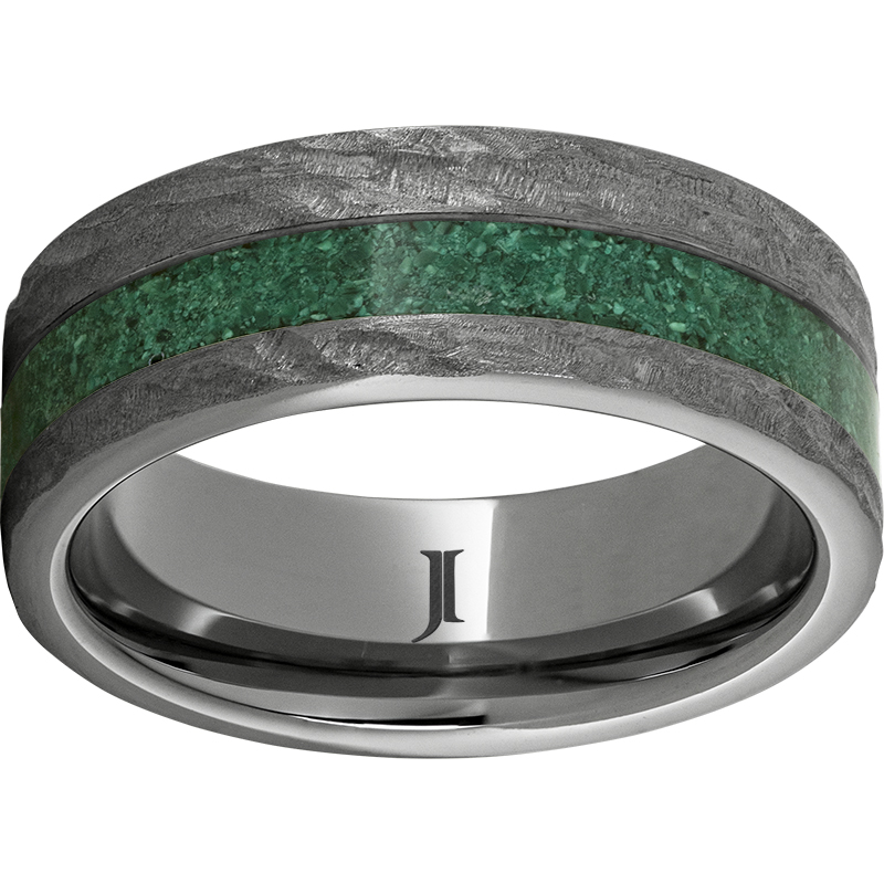 Rugged Tungsten™ 8mm Flat Band with 3mm Off-Center Malachite Inlay and Bark Finish Lennon's W.B. Wilcox Jewelers New Hartford, NY