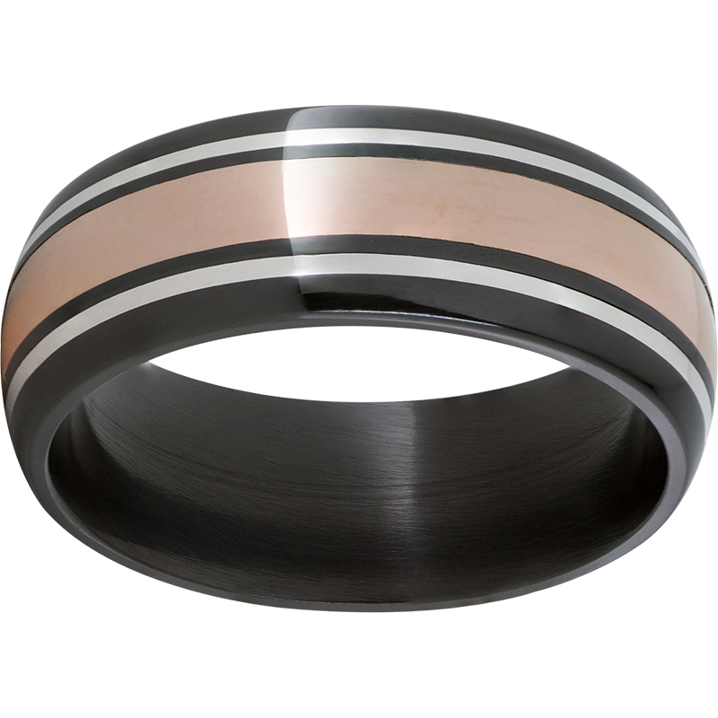Black Zirconium Domed Band with 14K Rose Gold and Sterling Silver Inlays John E. Koller Jewelry Designs Owasso, OK