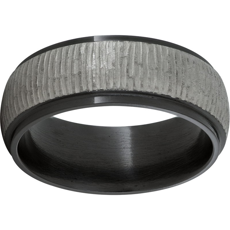 Black Zirconium Domed Band with Grooved Edges and Bark Finish Milano Jewelers Pembroke Pines, FL