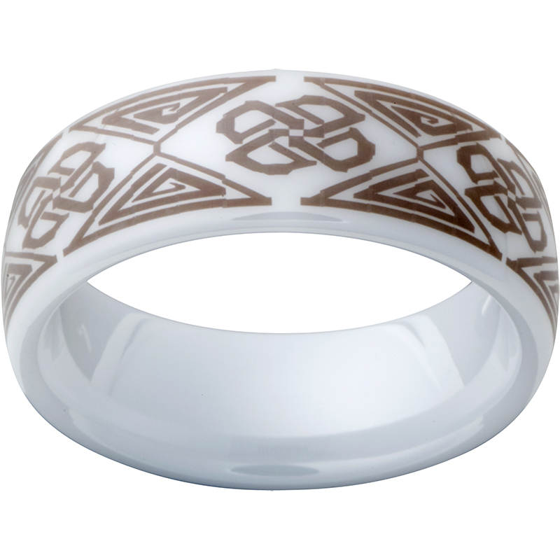 White Diamond Ceramic Domed Ring with a Laser Engraved Pattern Confer's Jewelers Bellefonte, PA