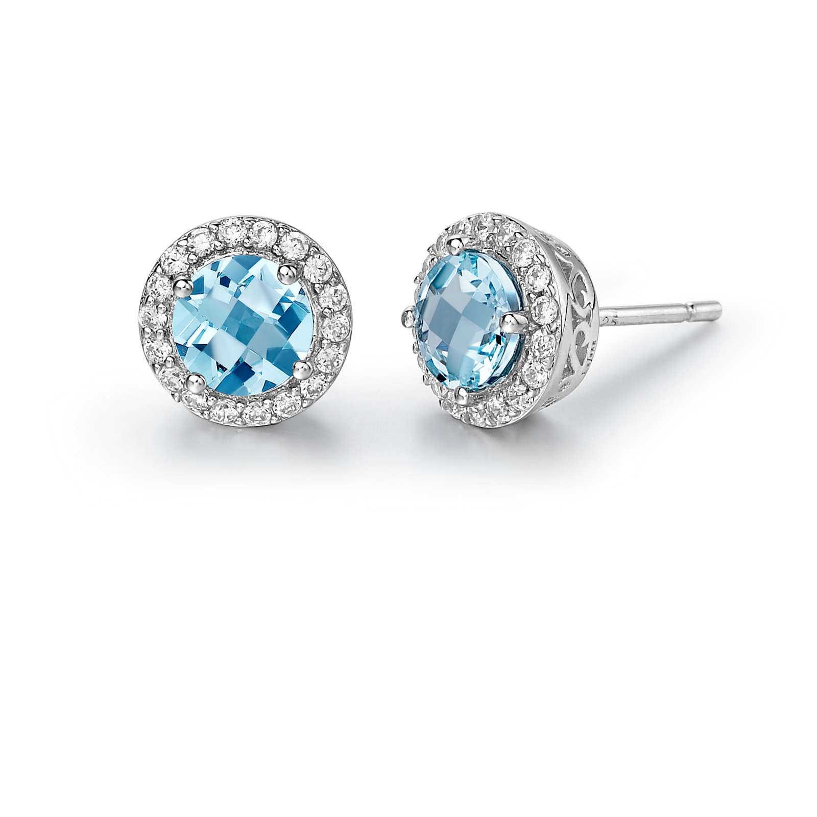 Genuine Blue Topaz Halo Stud Earrings Mendham Jewelers Mendham, NJ