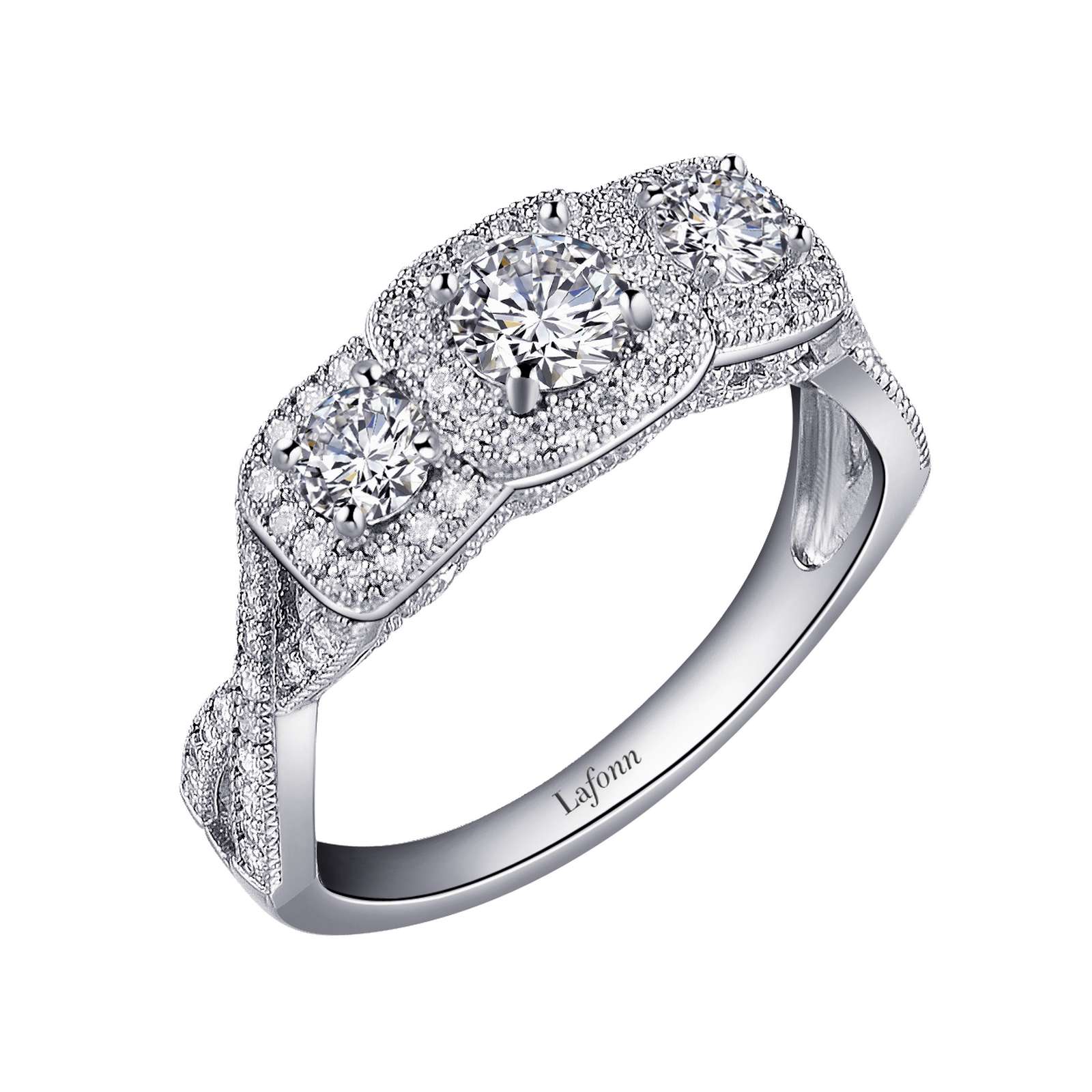 Three-Stone Halo Engagement Ring Wood's Jewelers Mt. Pleasant, PA