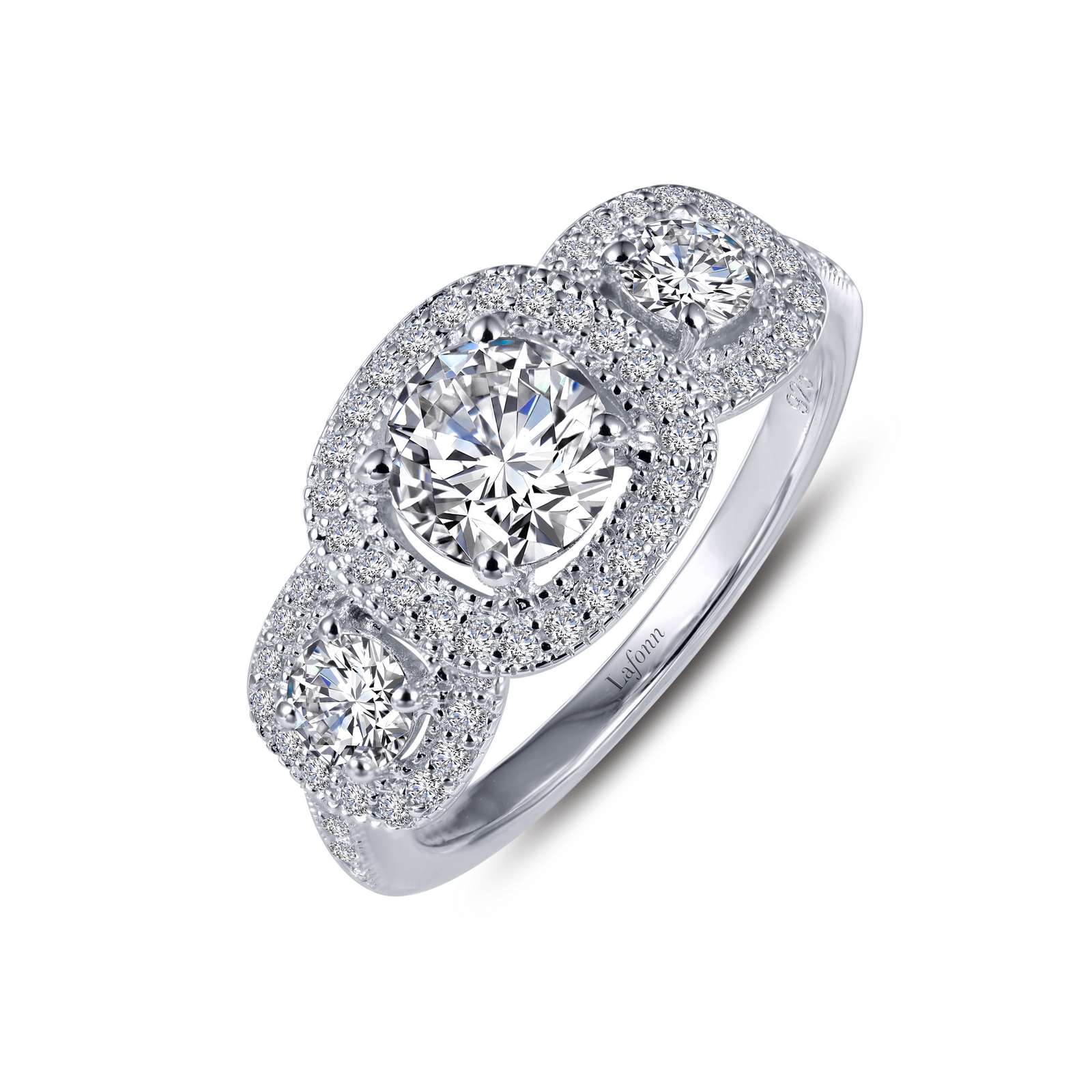 Three-Stone Halo Engagement Ring Mendham Jewelers Mendham, NJ