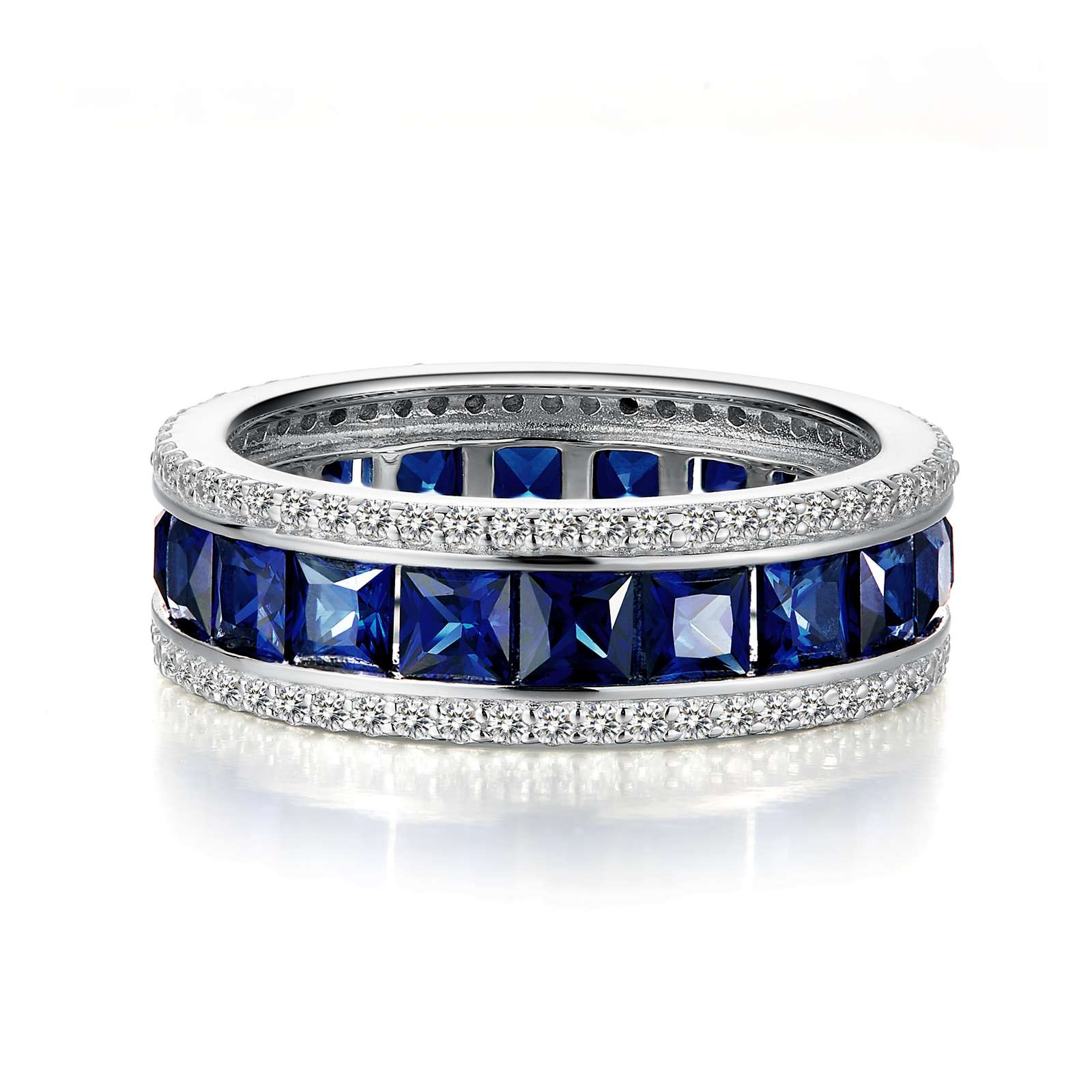 Classic Simulated Diamond And Synthetic Sapphire Platinum Bonded Ring Mendham Jewelers Mendham, NJ