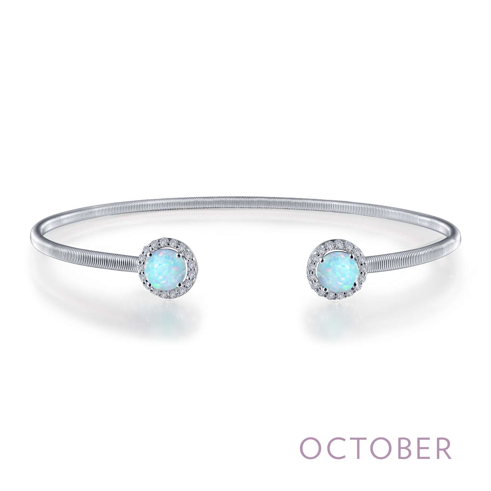 October Birthstone Bracelet - October - Opal. Adorn yourself with Lafonn's birthstone jewelry. This flexible stackable open cuff halo bangle bracelet is set with Lafonn's signature Lassaire simulated diamonds and simulated opals. Bracelet is in sterling silver bonded with platinum. 