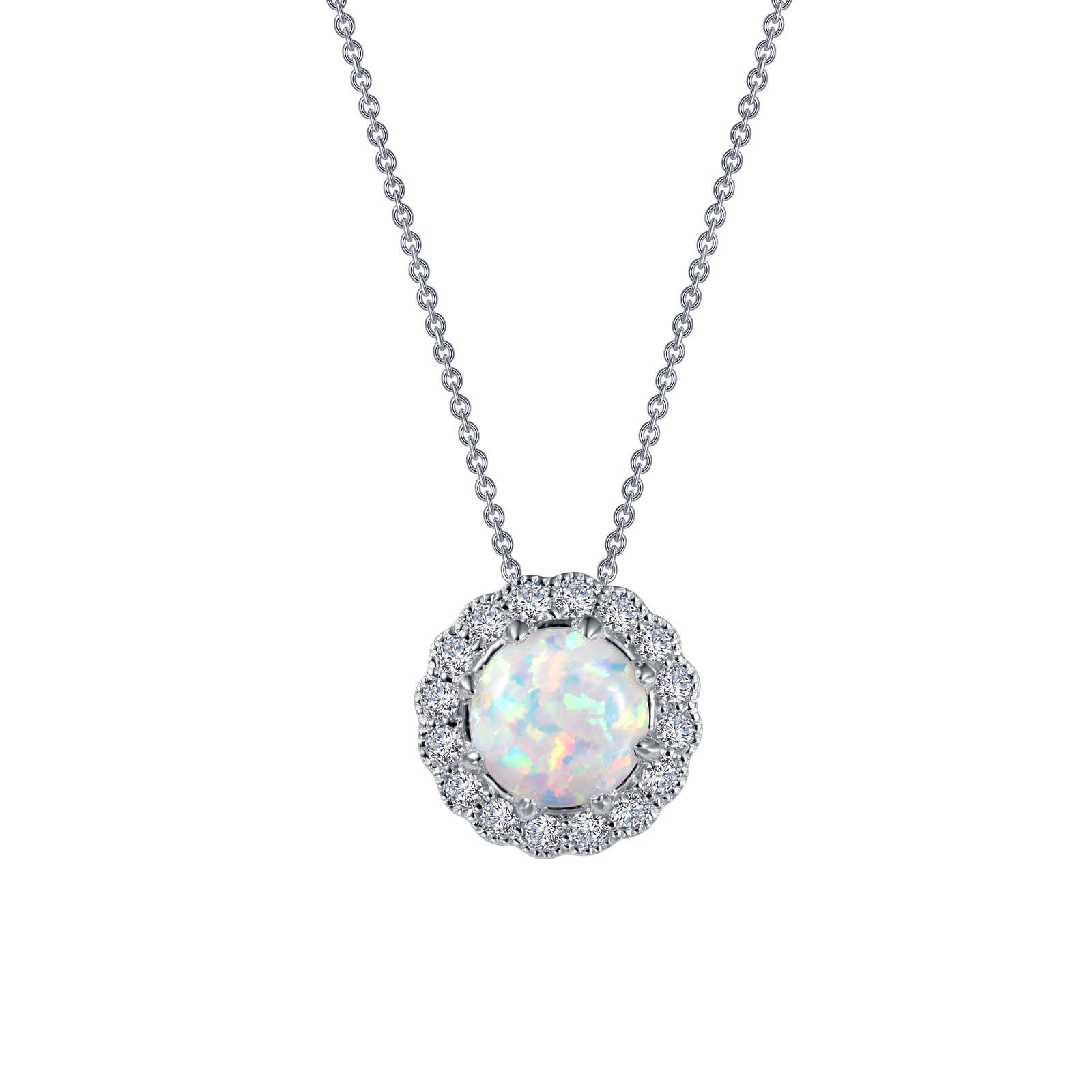 Classic Halo Pendant Necklace - Simple yet elegant. This halo pendant features a simulated opal center stone, surrounded by Lafonn's signature Lassaire simulated diamonds, in sterling silver bonded with platinum. The pendant comes on an adjustable 18