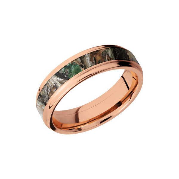 14K Rose Gold 6mm flat band with grooved edges and a 3mm inlay of Realtree Timber Camo Milan's Jewelry Inc Sarasota, FL