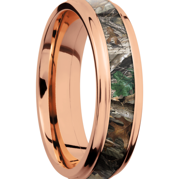 14K Rose Gold 6mm flat band with grooved edges and a 3mm inlay of Realtree Timber Camo Image 2 H. Brandt Jewelers Natick, MA