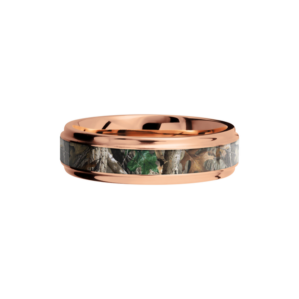 14K Rose Gold 6mm flat band with grooved edges and a 3mm inlay of Realtree Timber Camo Image 3 J. Morgan Ltd., Inc. Grand Haven, MI