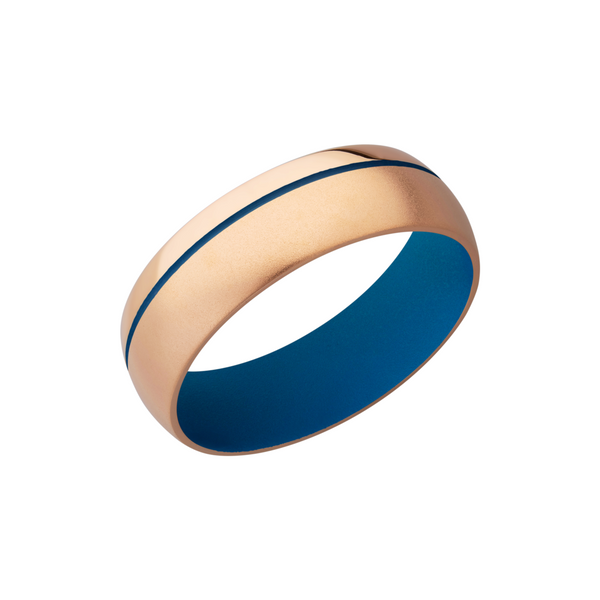 14K Rose Gold 7mm domed band with a .5mm off-centered groove featuring Sky Blue Cerakote  Futer Bros Jewelers York, PA