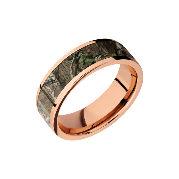 14K Rose Gold 7mm flat band with a 5mm inlay of Mossy Oak Break Up Infinity Camo Milan's Jewelry Inc Sarasota, FL