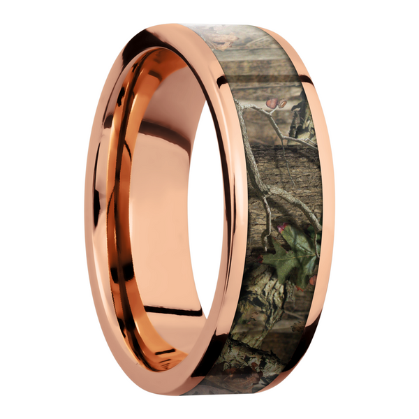 14K Rose Gold 7mm flat band with a 5mm inlay of Mossy Oak Break Up Infinity Camo Image 2 Raleigh Diamond Fine Jewelry Raleigh, NC