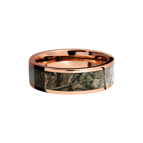 14K Rose Gold 7mm flat band with a 5mm inlay of Mossy Oak Break Up Infinity Camo Image 3 H. Brandt Jewelers Natick, MA