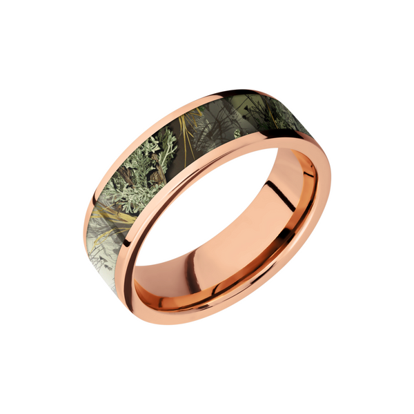 14K Rose Gold 7mm flat band with a 5mm inlay of Realtree Advantage Max Camo Milan's Jewelry Inc Sarasota, FL