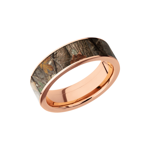14K Rose Gold 7mm flat band with a 6mm inlay of King's Woodland Camo Ken Walker Jewelers Gig Harbor, WA