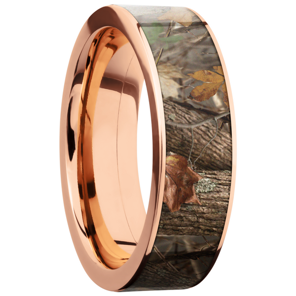 14K Rose Gold 7mm flat band with a 6mm inlay of King's Woodland Camo Image 2 Ken Walker Jewelers Gig Harbor, WA