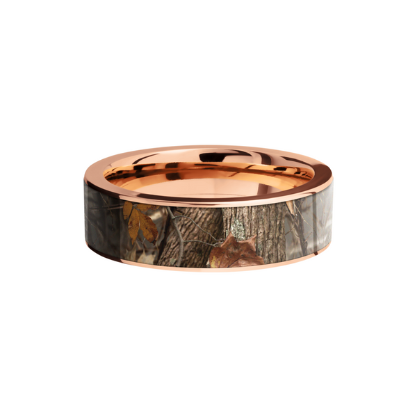 14K Rose Gold 7mm flat band with a 6mm inlay of King's Woodland Camo Image 3 Ken Walker Jewelers Gig Harbor, WA