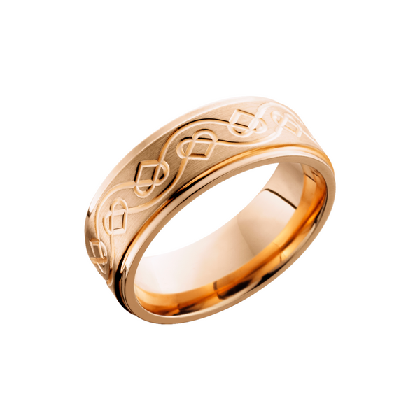 14K Rose gold 8mm flat band with grooved edges and a laser-carved celtic heart pattern Jimmy Smith Jewelers Decatur, AL
