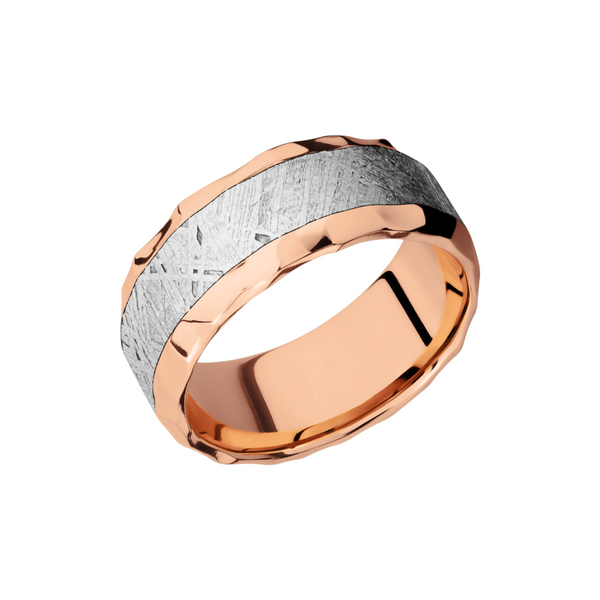14K Rose gold 9mm beveled band with an inlay of authentic Gibeon Meteorite Ken Walker Jewelers Gig Harbor, WA