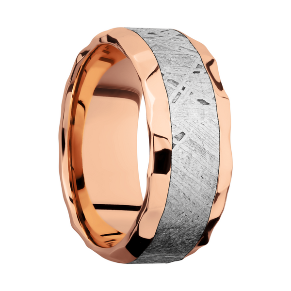 14K Rose gold 9mm beveled band with an inlay of authentic Gibeon Meteorite Image 2 Milan's Jewelry Inc Sarasota, FL