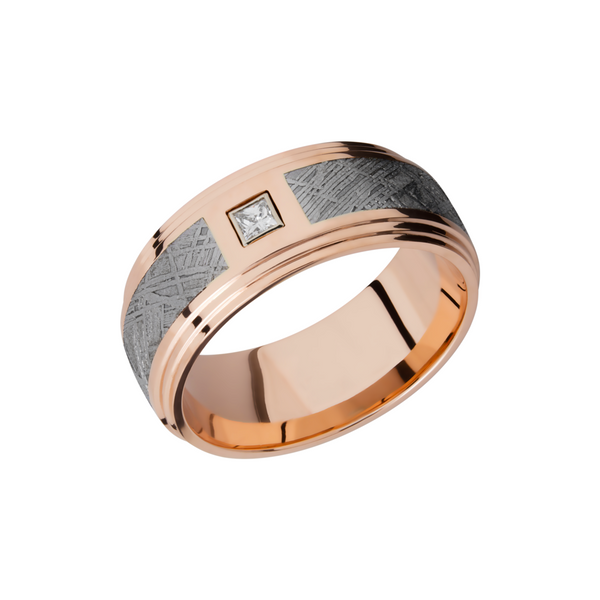 14K Rose gold 9mm flat band with an inlay of authentic Gibeon Meteorite and a white diamond accent Ken Walker Jewelers Gig Harbor, WA