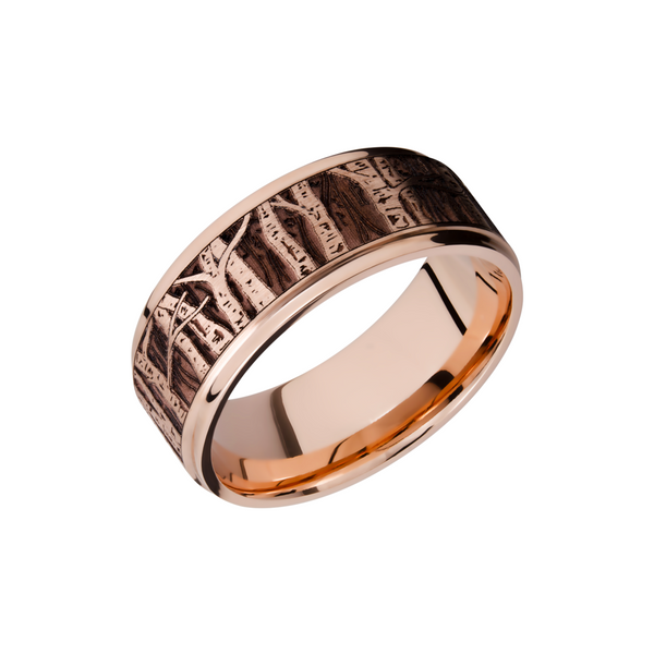 14K Rose gold 9mm flat band with grooved edges and a laser-carved aspen treeline Ken Walker Jewelers Gig Harbor, WA