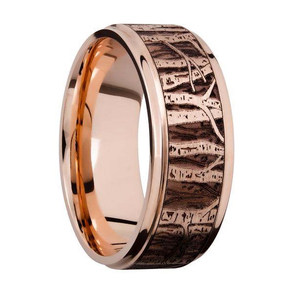 14K Rose gold 9mm flat band with grooved edges and a laser-carved aspen treeline Image 2 Milan's Jewelry Inc Sarasota, FL