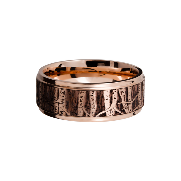 14K Rose gold 9mm flat band with grooved edges and a laser-carved aspen treeline Image 3 Ken Walker Jewelers Gig Harbor, WA