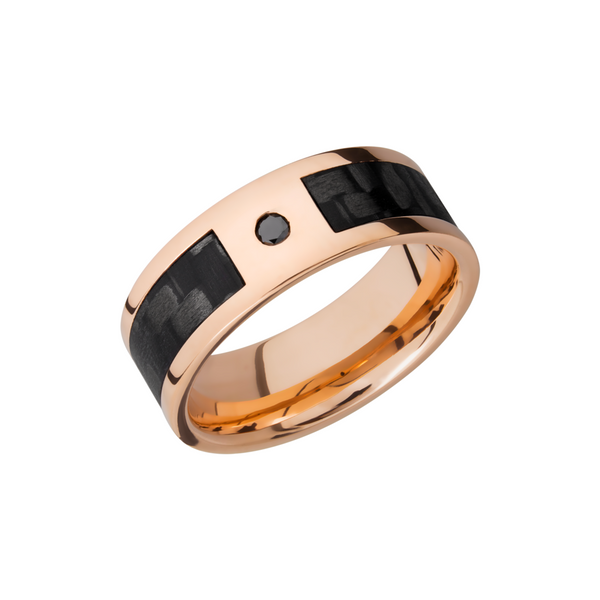 14K Rose Gold 8mm flat band with a 5mm inlay of segmented black Carbon Fiber and a flush-set black diamond accent Milan's Jewelry Inc Sarasota, FL