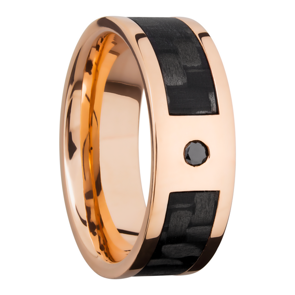 14K Rose Gold 8mm flat band with a 5mm inlay of segmented black Carbon Fiber and a flush-set black diamond accent Image 2 Blue Heron Jewelry Company Poulsbo, WA